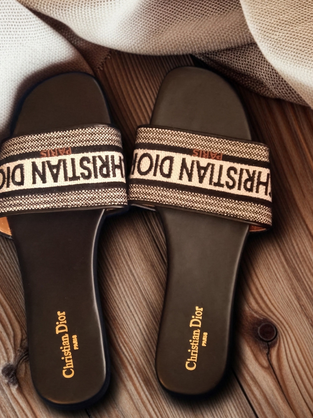Dior Black and Beige Jacquard Logo Slide Sandals